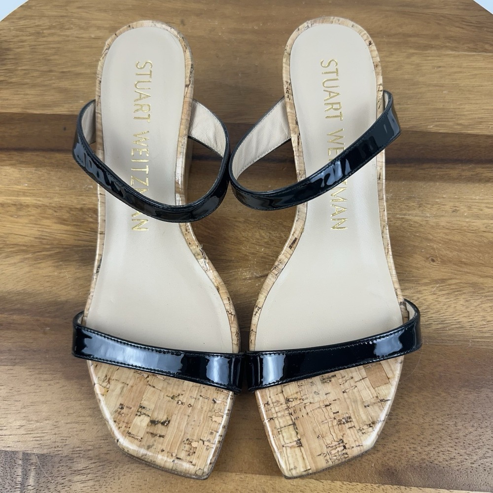New NWOB Womens Stuart Weitzman Aleena 50 Black Patent Leather Wedges Size 6.5 B - Picture 6 of 9